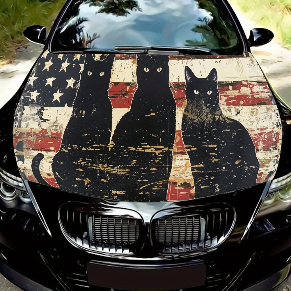 

Retro Style Black Cat and American Flag Car Engine Hood Vinyl Wraps Sticker, Personalized Auto Accessory, Waterproof Self-adhesi