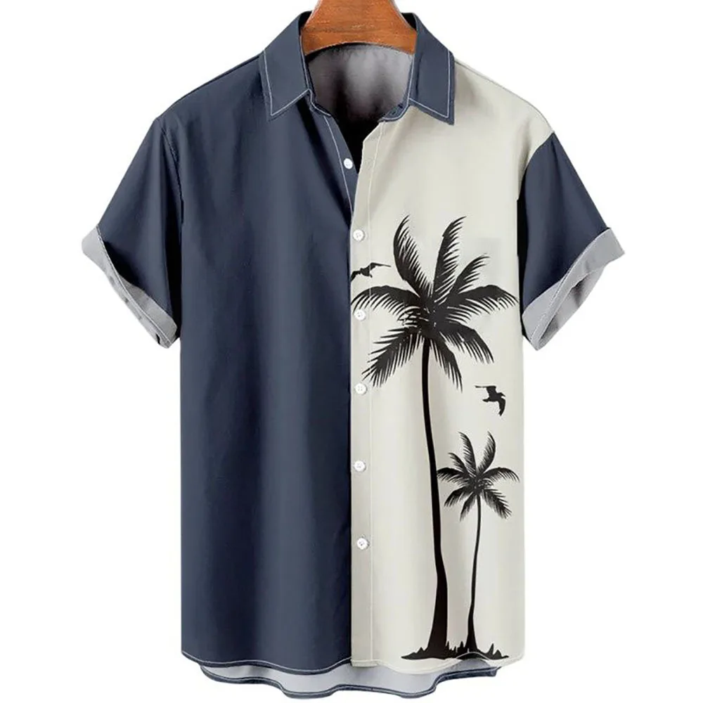 Hawaiian Men\'s Floral Shirt Summer Geometric Print Short Sleeved Top Oversized Seaside Holiday Single Breasted Casual Clothing