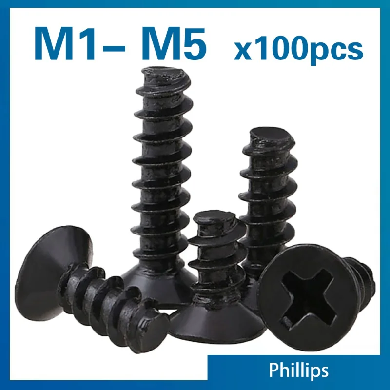 100 teile/los Kreuzschlitz Senkkopf selbstschneidende Schraube M1 M1,2 M2 M2,3 M2,6 M3 M4 M5 Schwarz Kohlenstoffstahl Mini Schraube