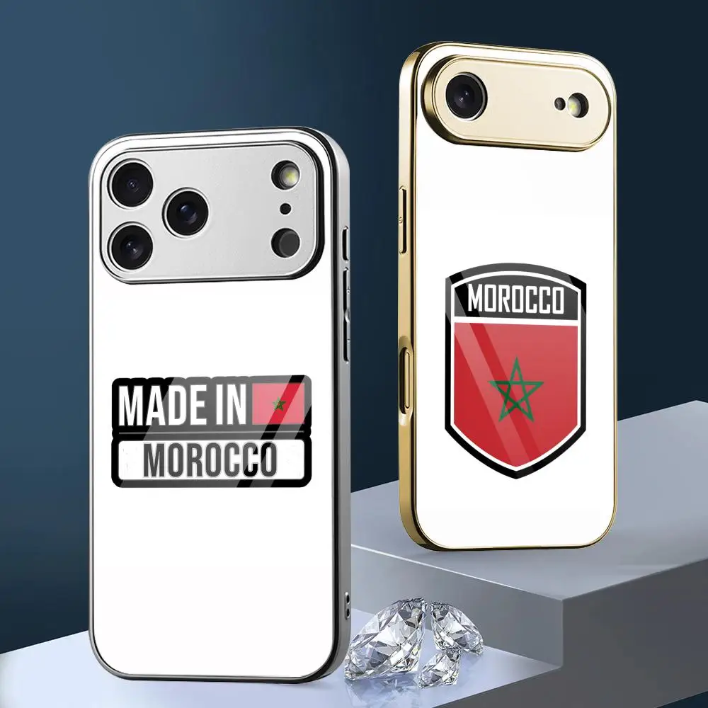 

Morocco Flag Phone Case For iPhone 17 16 15 14 13 Pro Max Plus Electroplated Metal Case Glass Back Cover