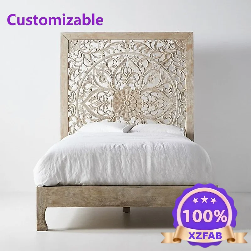 Factory Direct 2026 Export Thai carved solid wood bed, high back carved bed villa model room master bedroom double bed