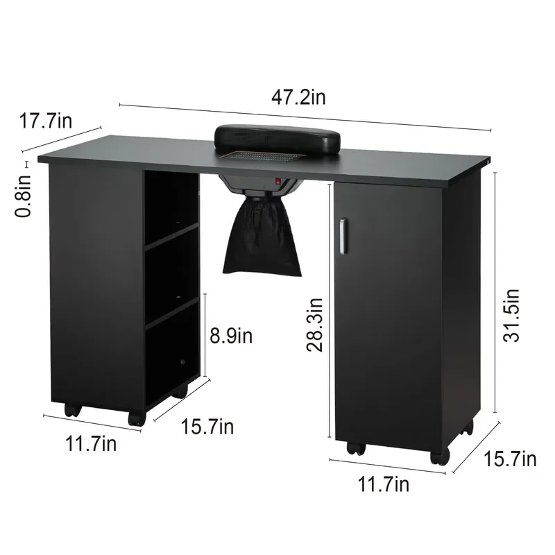 Movable Manicure Table Electric Dust Collector 8 Wheels Lockable Nail Desk Portable Beauty Station With 3 Dust Bags