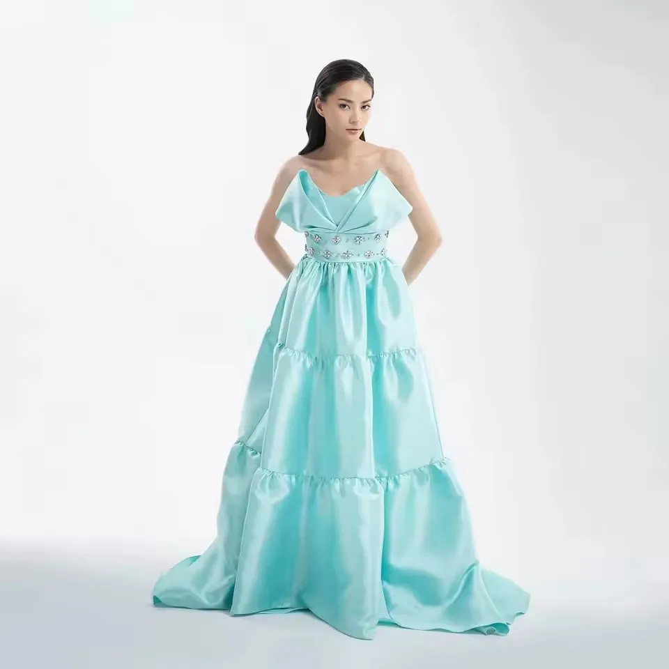 

Simple Aqua Satin Sequined Sash Ruched Rhinestone A-line Strapless Long Dresses Celebrity Dresses Classic Exquisite Formal Gown