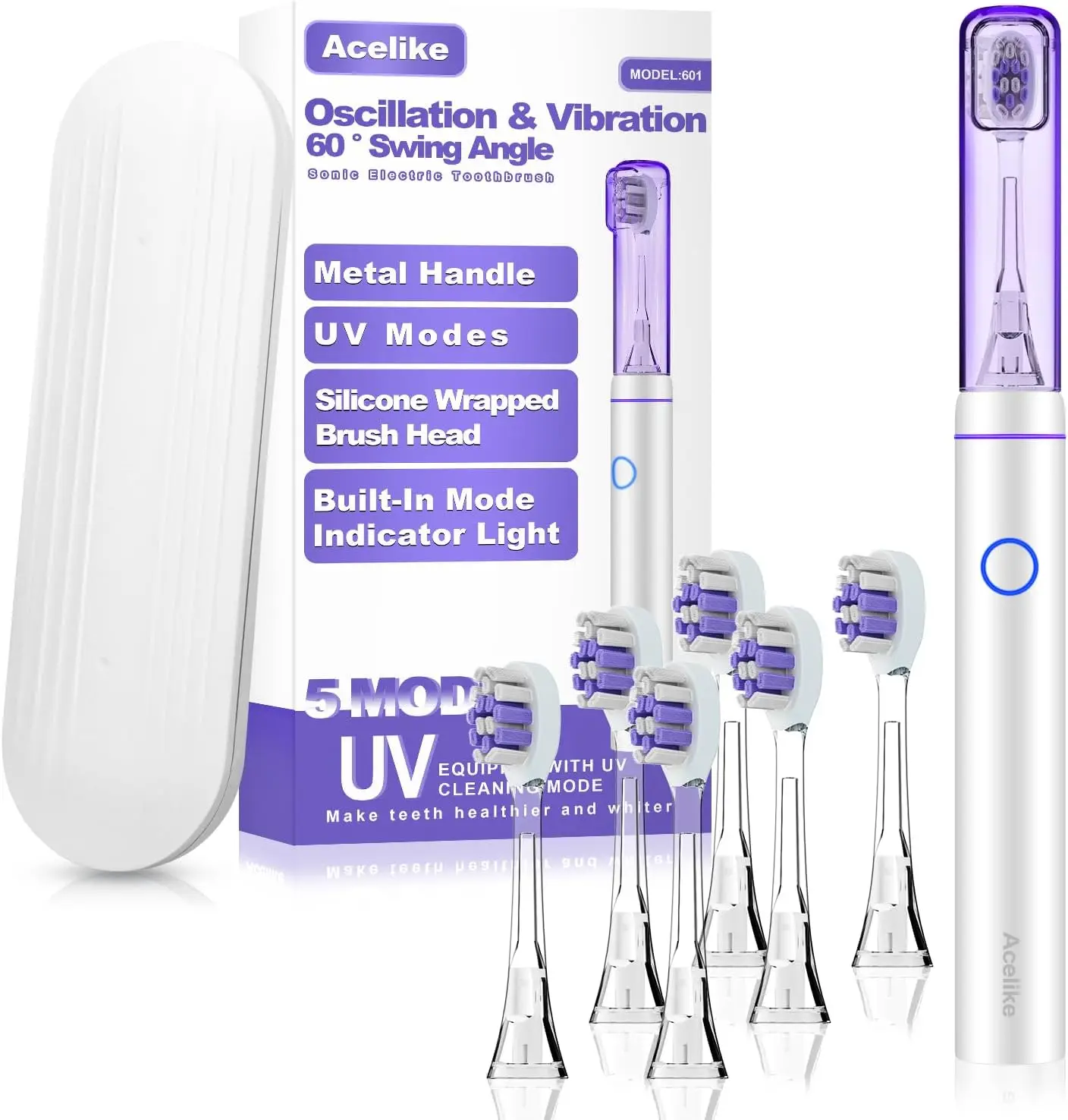 

Metal Electric Toothbrush with UV Mode, Vibration and Oscillation Electric Toothbrush for Adults, 6 Brush Heads & Travel Case &