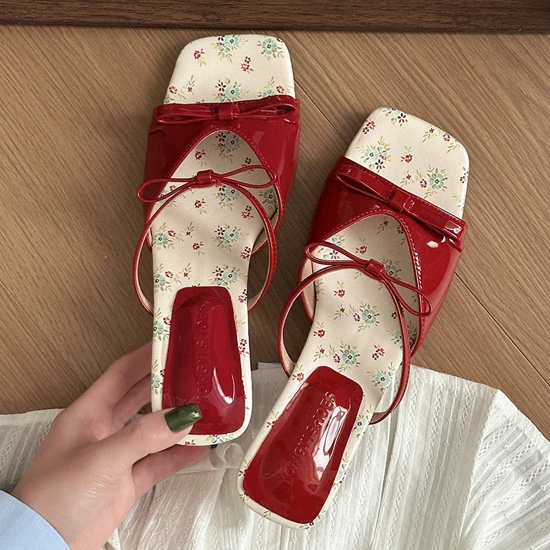 Flower Pink Bow Wedge Sandals for Women Slip On Shoes Wear Sandalias New Summer Mid Heels Slippers Square Head Open Toe Pumps view 2