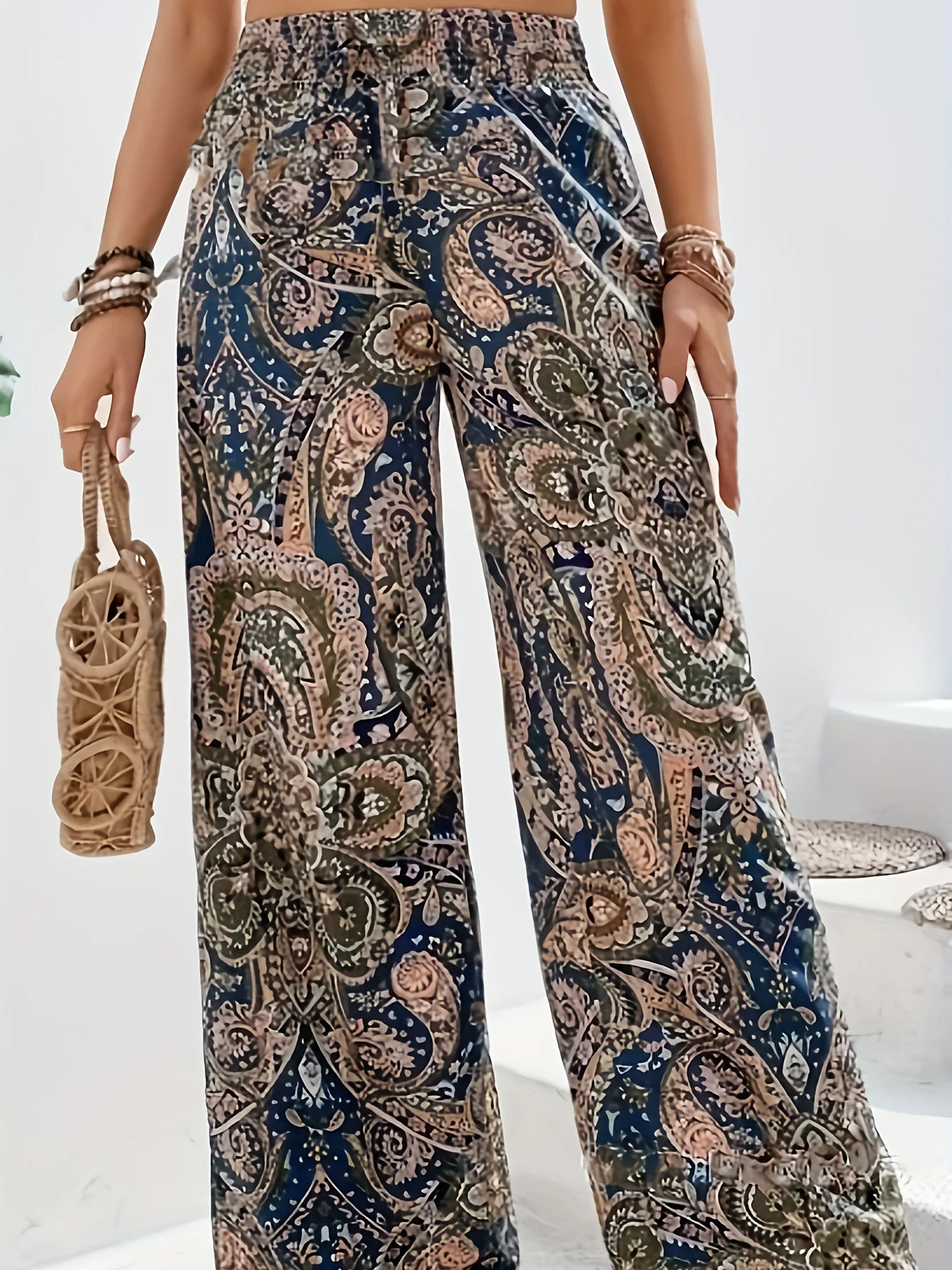 Damskie spodnie w stylu boho z wysokim elastycznym pasem, szerokie nogawki, długie, proste, codzienne, letnie, nowe, vintage, modne.