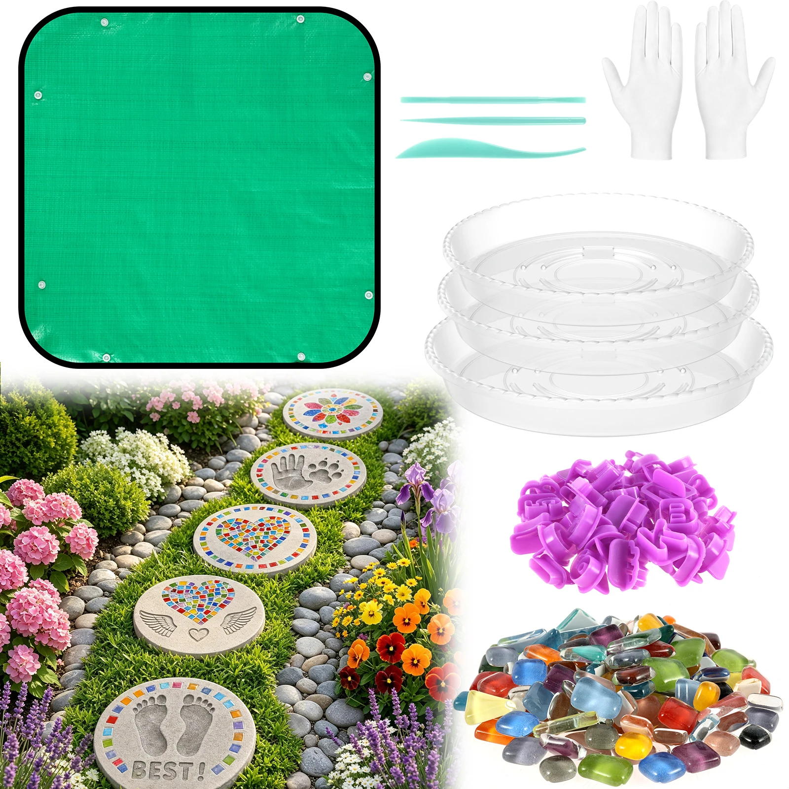Round Cement Stepping Stone Mold Kit DIY Personalized Mosaic Stepping Stone Making Kit Patio Backyard Path Stone Crafts Decor