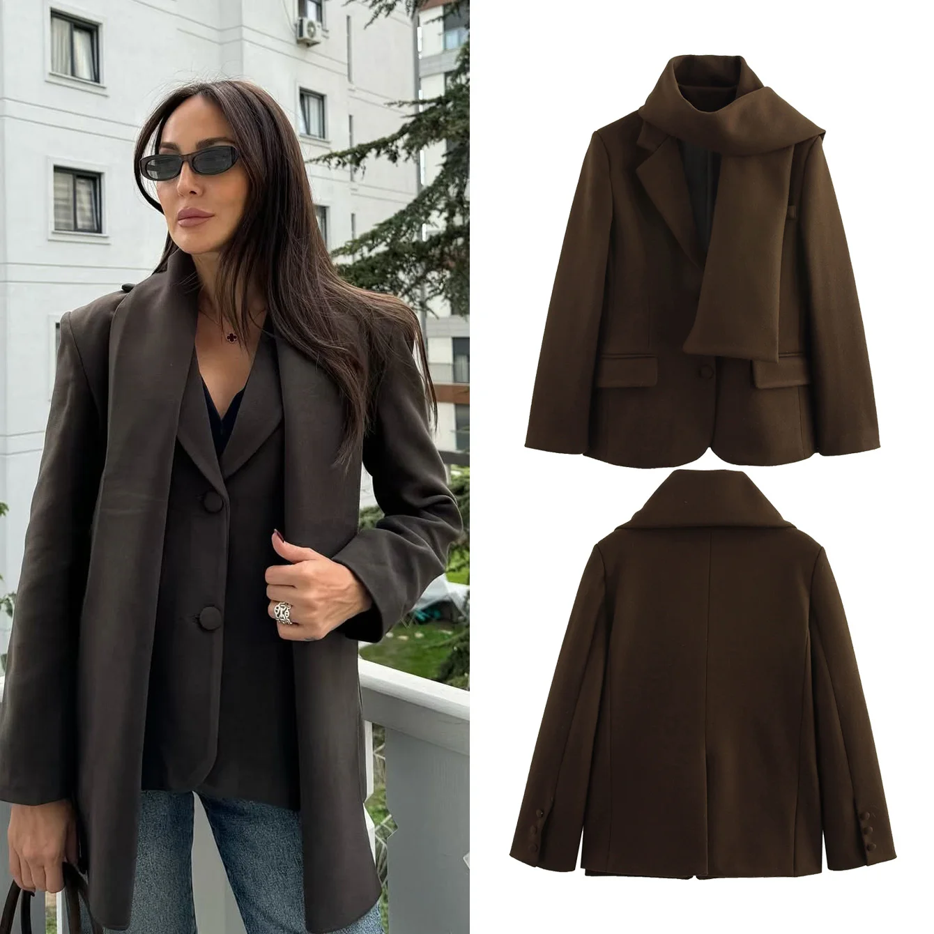 Taop&Za women's 2024 autumn and winter new suit jacket with collar and scarf, solid color commuting temperament short coat