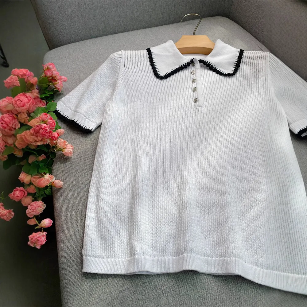 Damska koszulka z dzianiny z klapami, krótkie rękawy, modne, codzienne bluzki damskie.