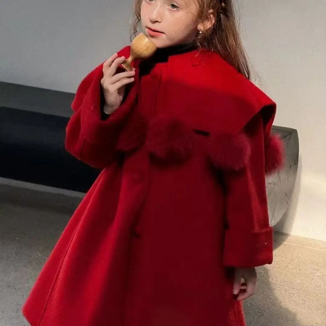 Girls' Woolen Coat Children's New Style Big Lapel Round Neck Single Breasted Autumn and Winter Thick Coat for Big Children