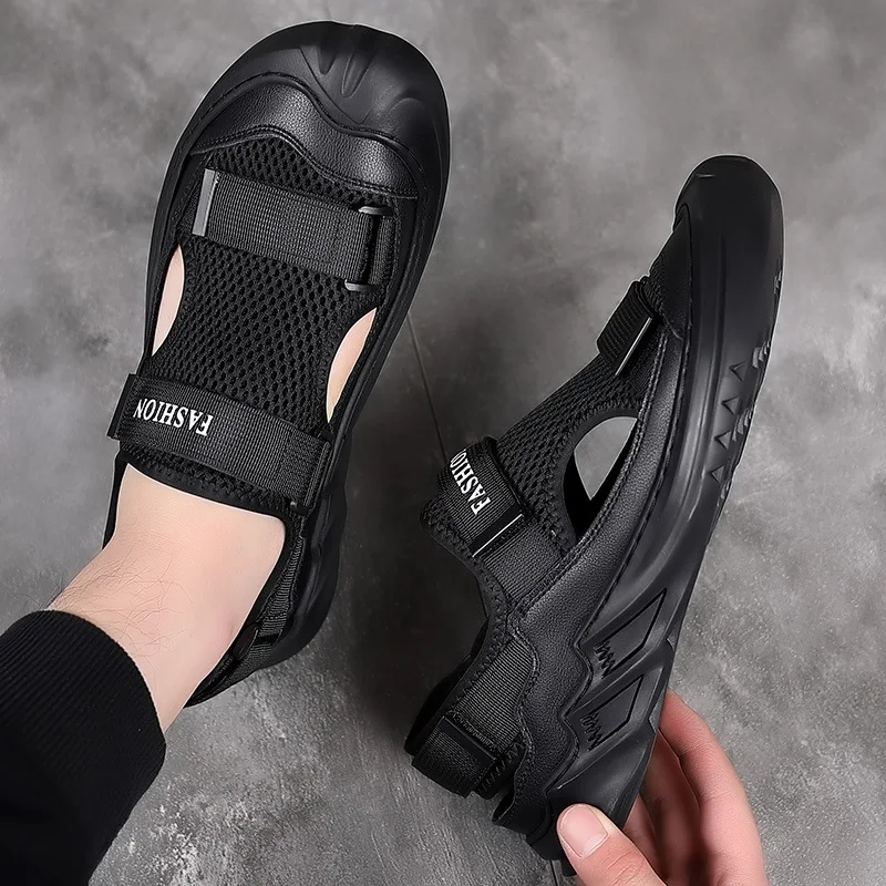 

Summer Sandals for Men Black Fashion Baotou Slippers Large Size Soft Sole 2024 New Mesh Sandalias Breathable Outdoor Beach Shoes