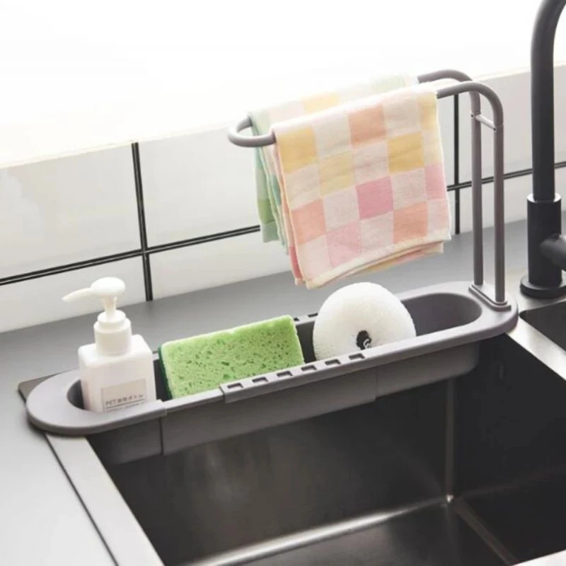 Telescopic Sink Shelf Drainer Rack Kitchen Organizer Soap Sponge Holder Towel  Storage  Basket Gadgets Accessories