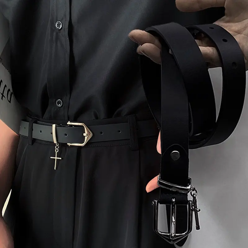 Y2k Cross Pendant Jean Pants Belt Fashion Retro Men Woman Black Belts PU Leather Metal Pin Buckle Hip Hop Students Waistband