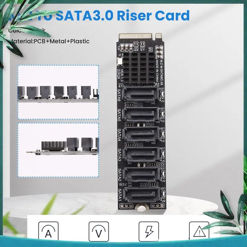 (NEW) M.2 MKEY PCI-E Riser Card M.2 NVME To SATA3.0 PCIE To SATA 6Gpbsx6-Port Expansion Card ASM1166 Support PM Function