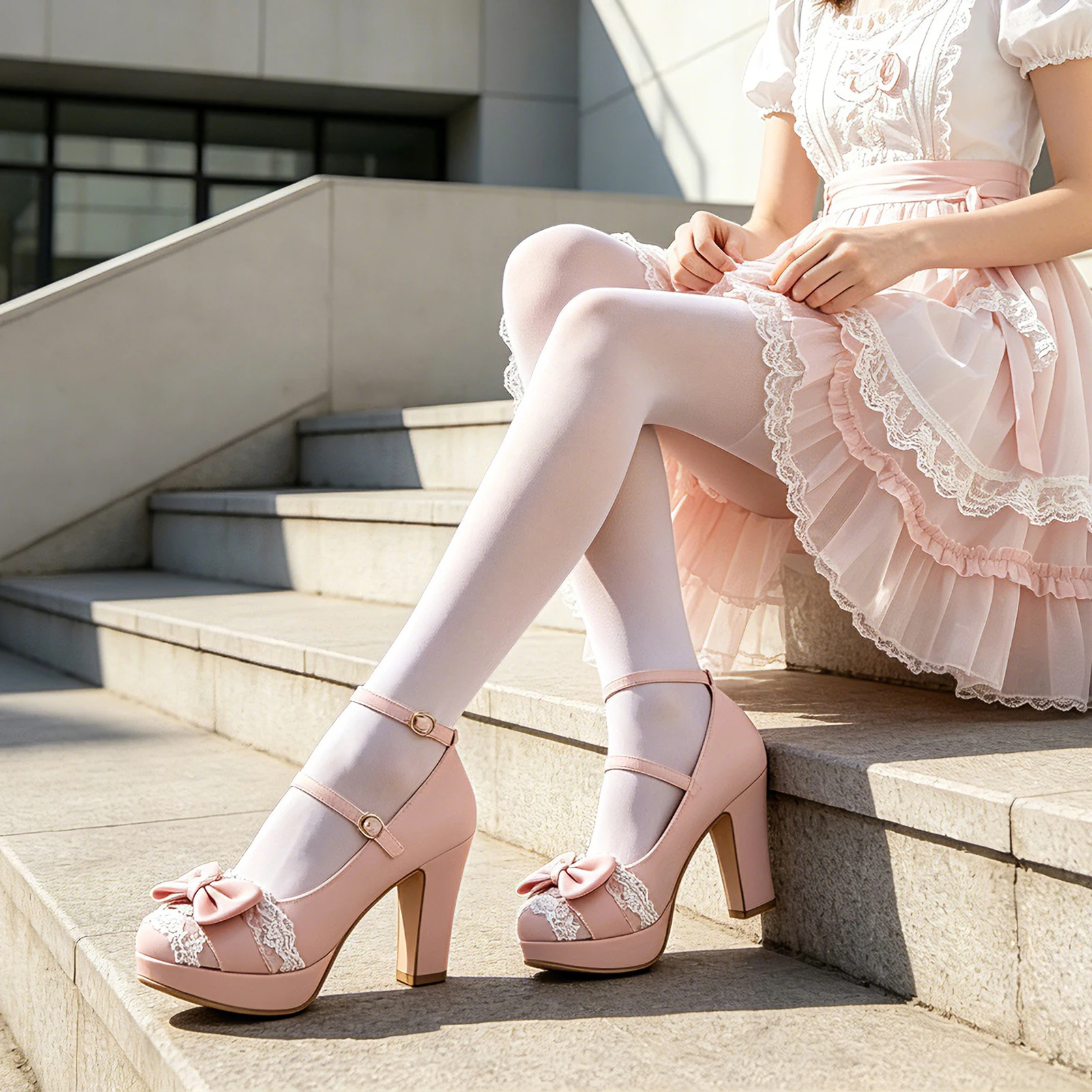 Mary Janes Heels for Women Cute Platform Heels with Bow Lace Closed Toe Kawaii Shoes Vintage Dress Shoes White/Pink - view 5