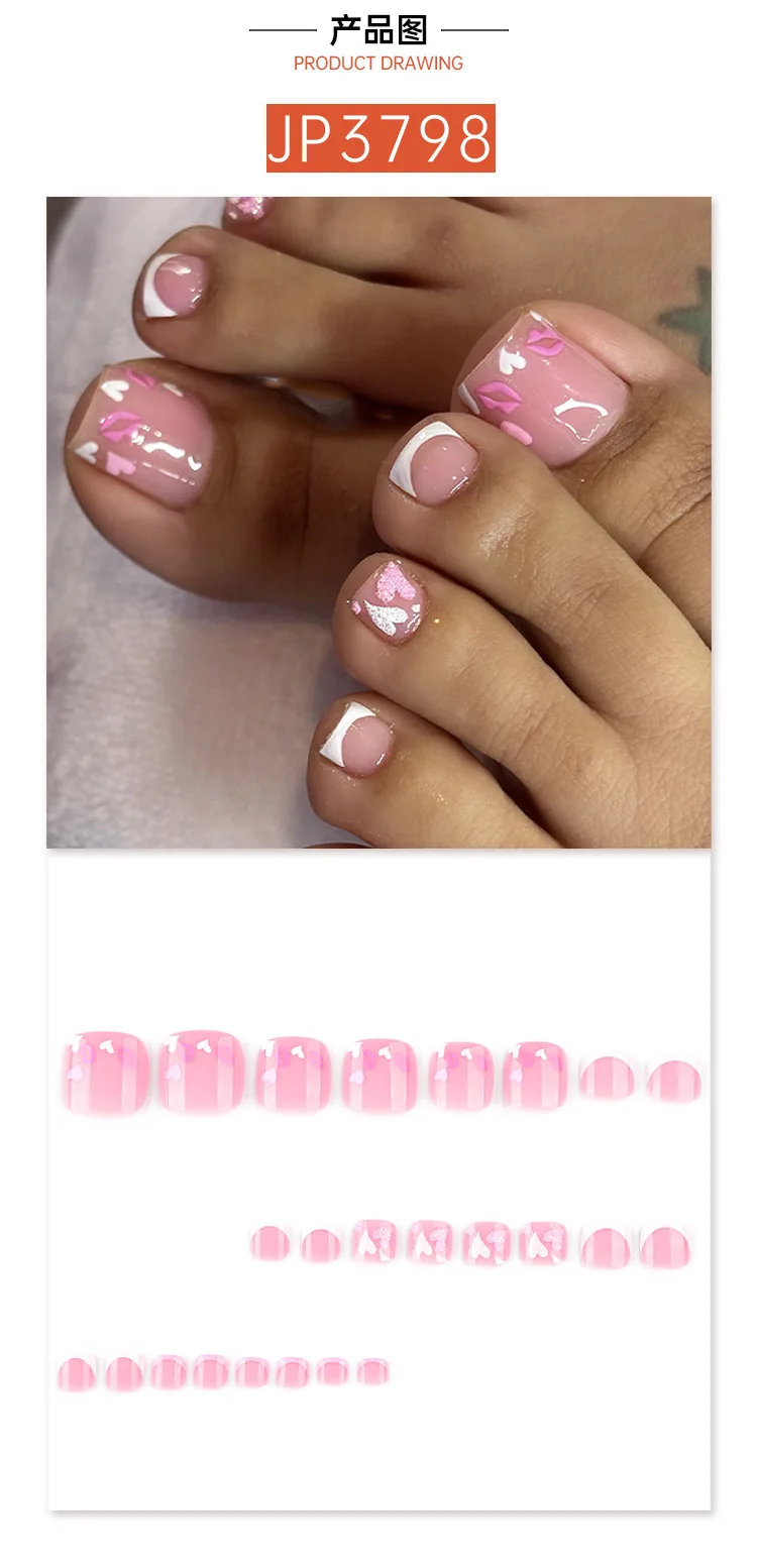 24 قطعة من أظافر القدم الصناعية البساطة على الطراز الفرنسي والحب، أظافر صناعية مصنوعة يدويًا يمكن ارتداؤها #6