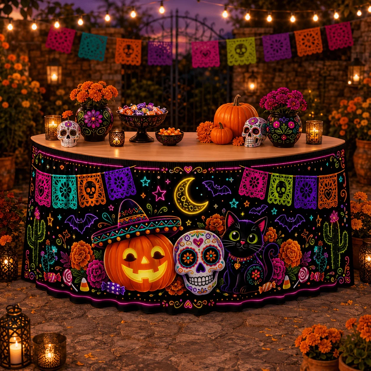 1 tablecloth table skirt, Neon Day of the Dead, sugar skull, pumpkin, black cat, print decoration, Mexican holiday pie.