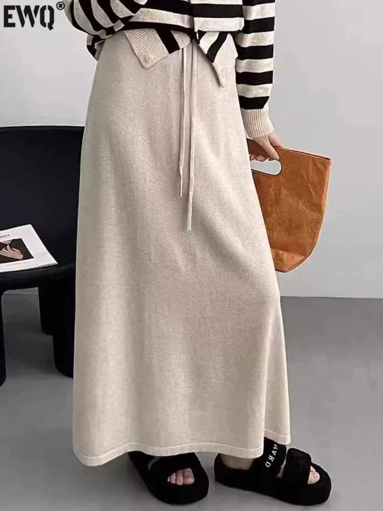 [EWQ] Minimalist Style High Waist Drawstring Design Solid Knit Female Skirts All-match Women A-line Skirt 2024 Autumn 16O1803