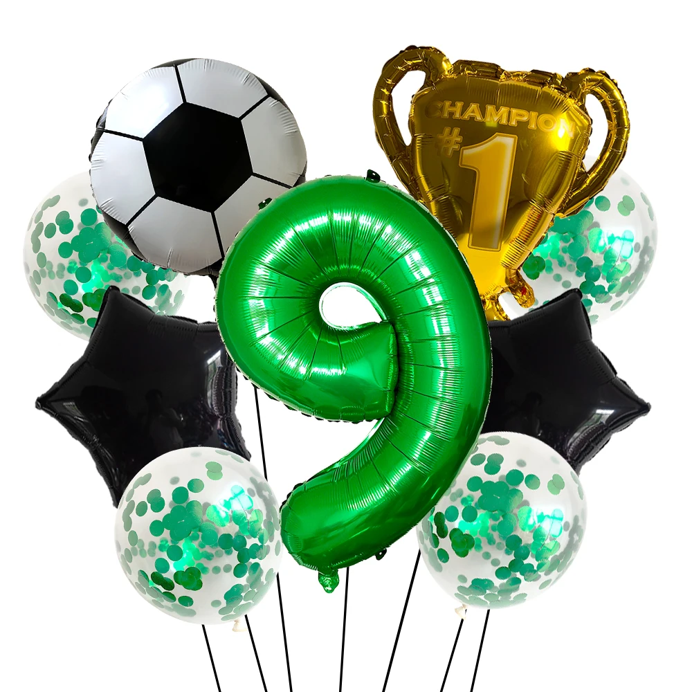 9pcs Football Birthday Party Decoration Set Football Balloons and 32 inch Green Number Balloons Football Party Supplies