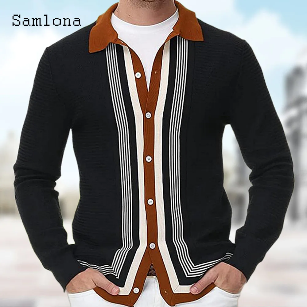 

Vintage Knitting Sweaters Men Long Sleeves Cardigans 2024 Autumn New Patchwork Tops Outerwear Lepal Collar Knit Sweater Jumpers