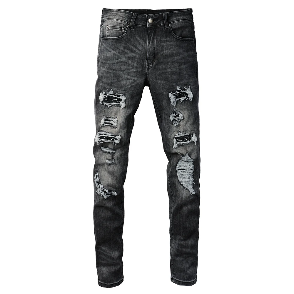 Men's Crystal Stretch Denim Jeans Streetwear Patch Holes Ripped Distressed Pants Gray Cotton Skinny Tapered Trousers