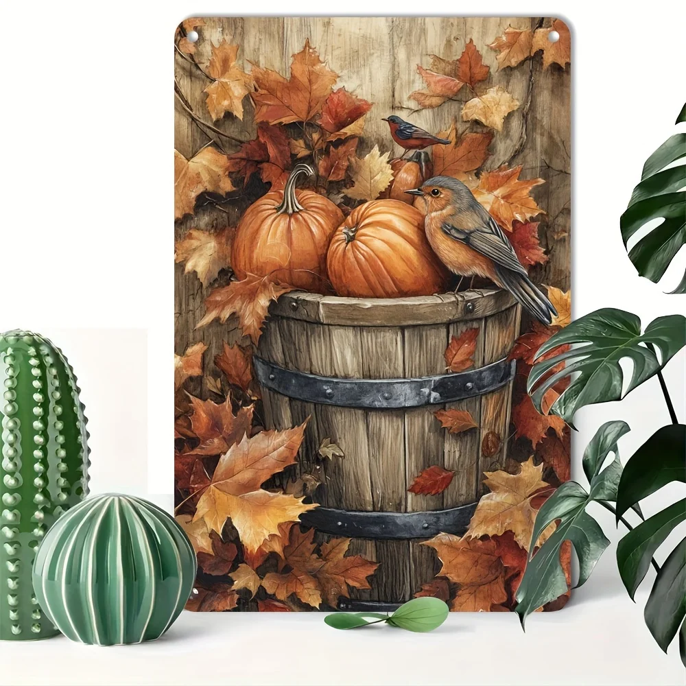 Vintage Autumn Harvest Iron Sign Pumpkin and Bird Design Wall Art Durable Iron Poster Ideal for Home Bar and Outdoor Decoration