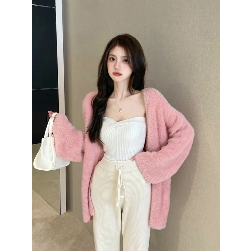 White Pink Khaki Soft Furry Knit Cardigan Sweater Fall Outfit Coat Jumper,Loose Overcoat Sweatercoat Korean Cloth Women