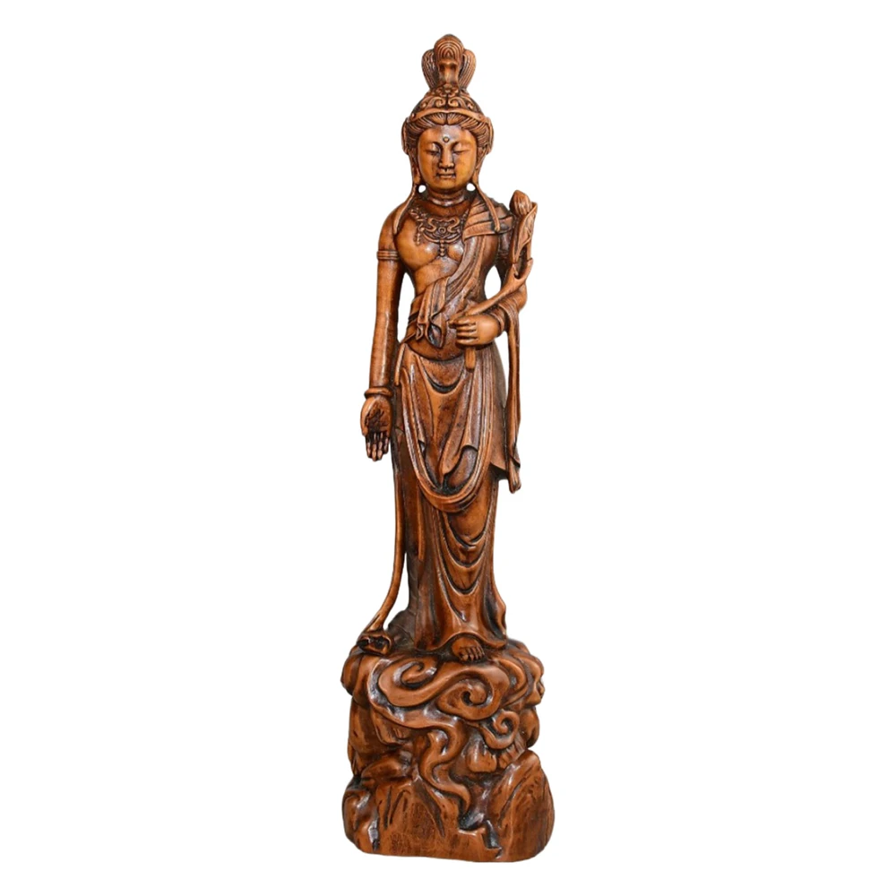 Figurine chinoise sculptée en bois sculpté, Statue de Guanyin, Base de Lotus, Bodhisattva, compassion spirituelle, Protection de bénédiction de miséricorde