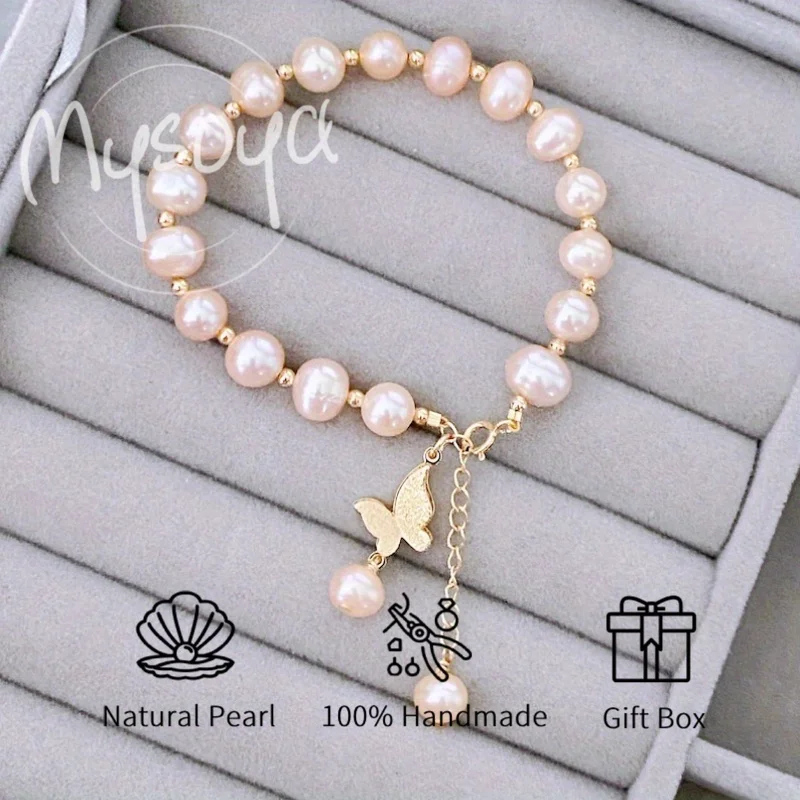 

MYSOYA 6-7mm Natural Pink Freshwater Pearl Bracelet For Women And Men With Gift Box Perfect Birthday Wedding Jewelry Gift