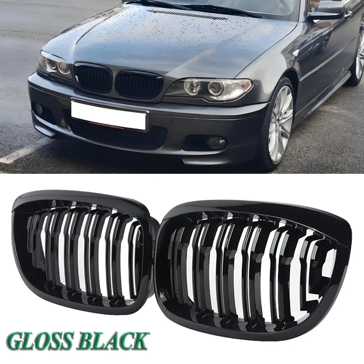 For BMW E46 Coupe 3 Series 325Ci 330Ci LCI 2door 2003-2006 Car Kidney Grill Front Bumper 2 Slat Line Gloss Black Racing Grill