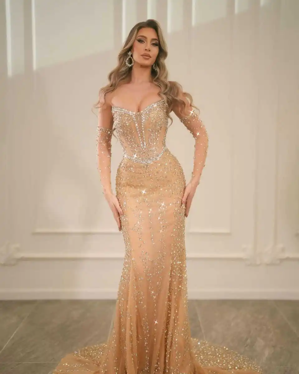 Exquisite Evening Dresses Mermaid Crystals Backless Half Sleeve Prom Sweep Train Gowns Party Dresses Customized Robe De Soirée