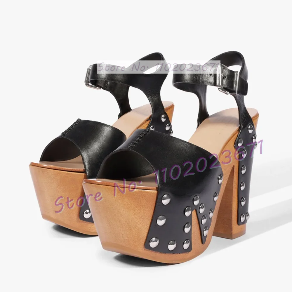 Wooden Platform Rivets-trim Sandals Women Fashion Black Cross Strap Chunky Shoes Female Chic Ankle Strap High Heels Studs Shoes