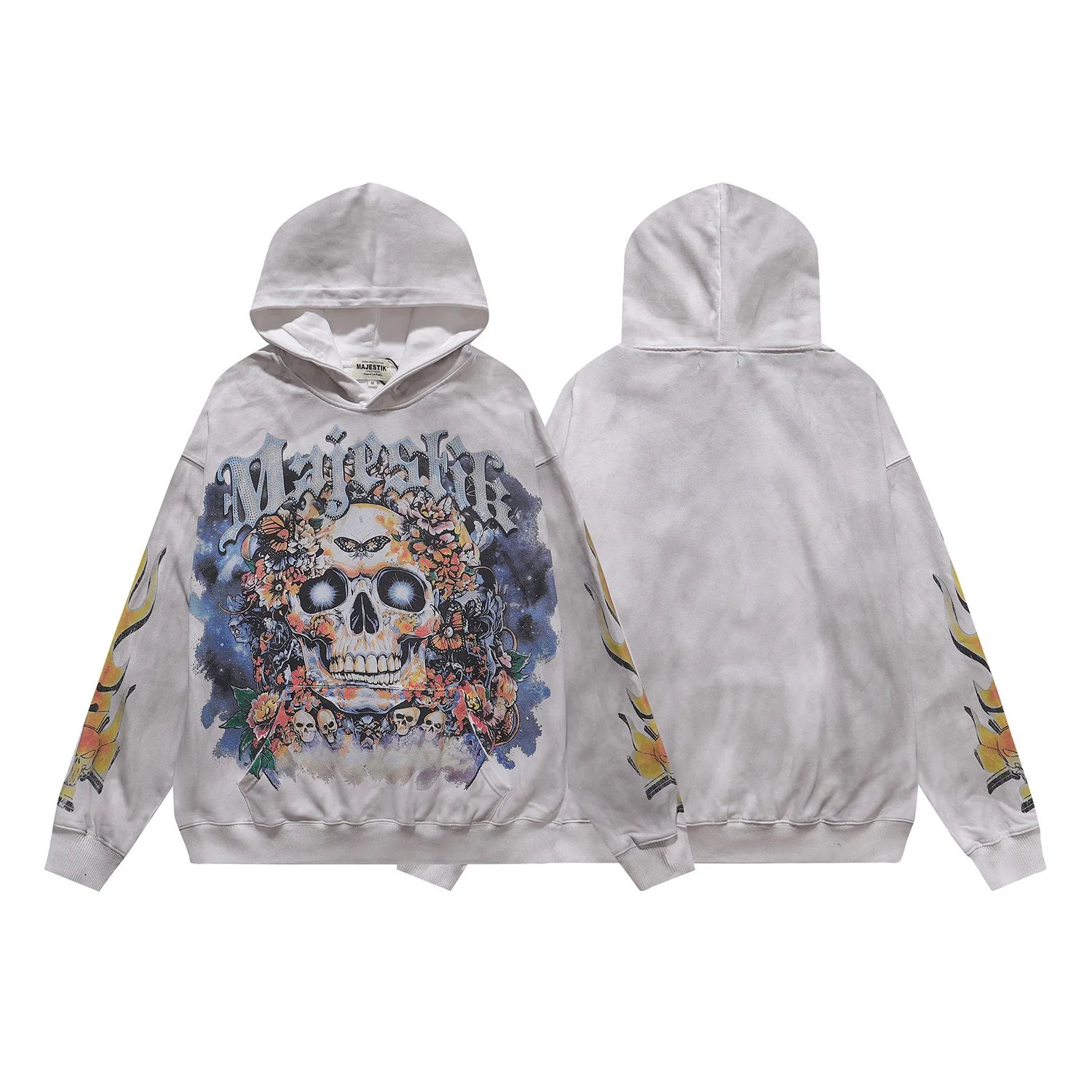 Übergroßer Kapuzenpullover für Männer und Frauen, Vintage-Waschung, Totenkopf-Blumen-Grafik, Hoodie, Hip-Hop Urban Streetwear Kleidung – Detail 5