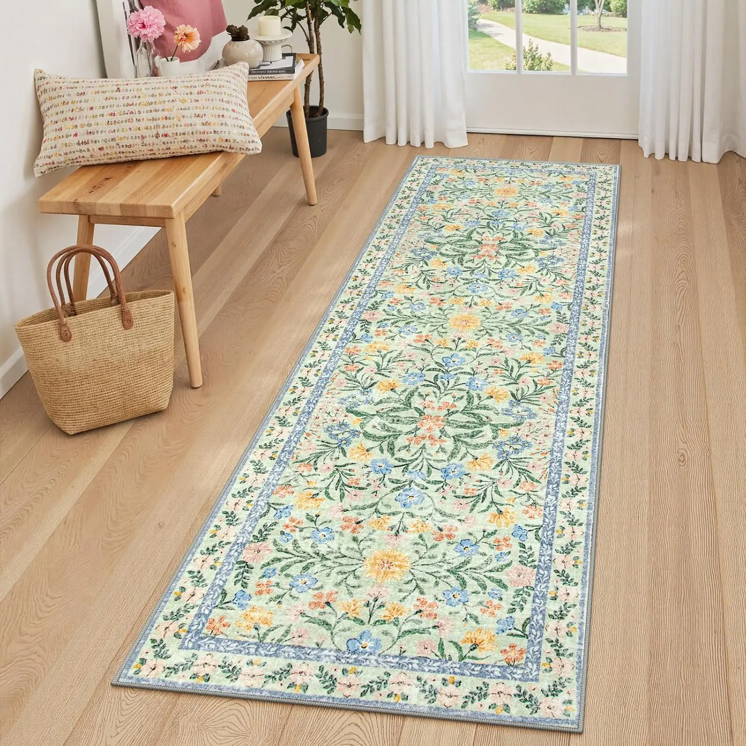 

Green Machine Washable Rug Boho Area Rugs for Living Room Non-Slip Vintage Floral Soft Indoor Carpet for Bedroom Home Decoration