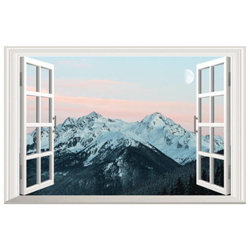 Endless Snow Mountains Scenery Fake 3D Window Vinyl Stickers Mural for Home Decorations Room Wall Art Winter Landscape Wallpaper