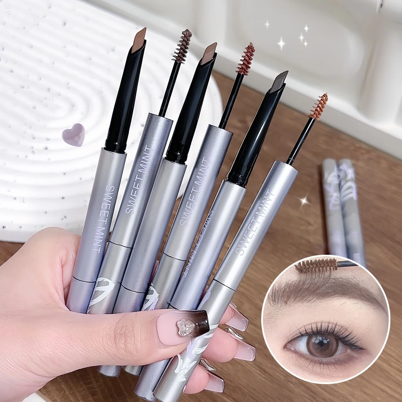 2-in-1 Dual-Ended Eyebrow Pencil & Tinting Mascara, Sweet Mint Natural Smooth,  Waterproof, Long-Lasting, SmudgeProof  Eyemakeup