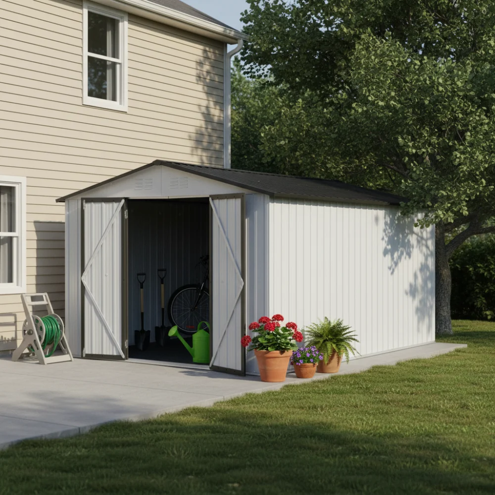 

10x12 Ft Metal garden sheds outdoor storage sheds white+Grey