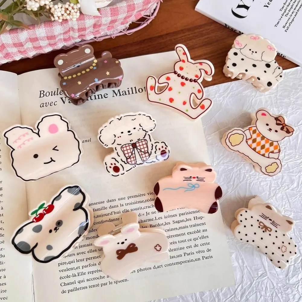 Trendy Acrylic Cartoon Animal Hair Claw Korean Style Rabbit Spotted Cat Hair Clip Cute Kawaii Plaid Dog Crab Clip Woman