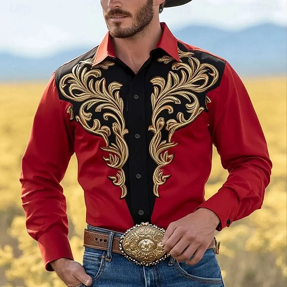 Men Turn‑down Collar Long Shirt Retro Western Golden Baroque Scroll Graphic Print Button‑front Fashion Holiday Male Blouse