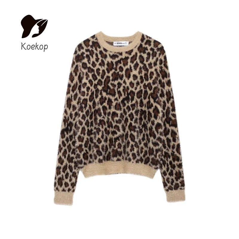 Koekop 2024 Women's Fashion Animal Print Jacquard Knit Vintage Casual Full Sleeve Women's Chic Lady Pullover Top