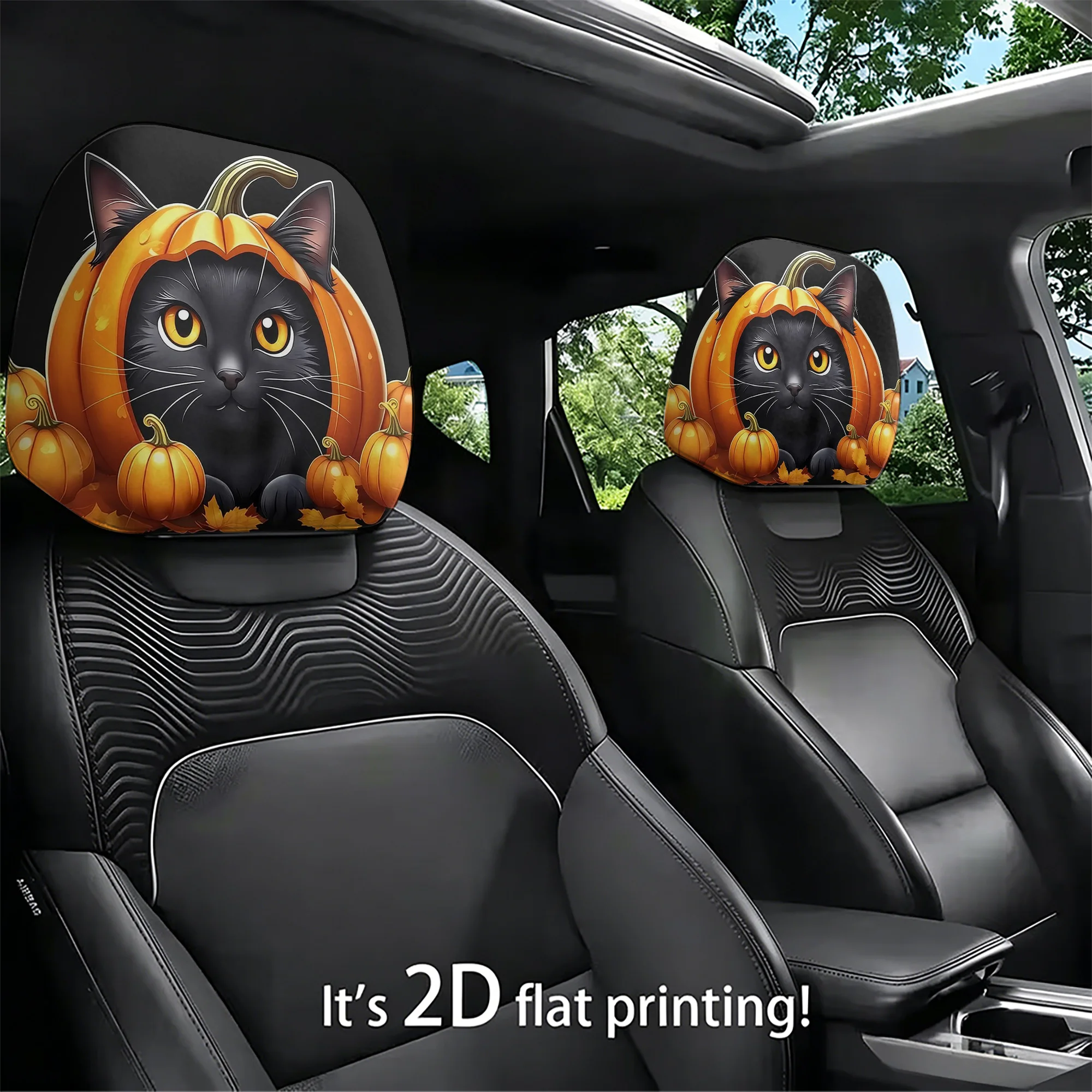 2pcs Halloween Pumpkin and Black Cat Car Headrest Covers—the perfect choice for festive car decor. Filling not included. Easy to
