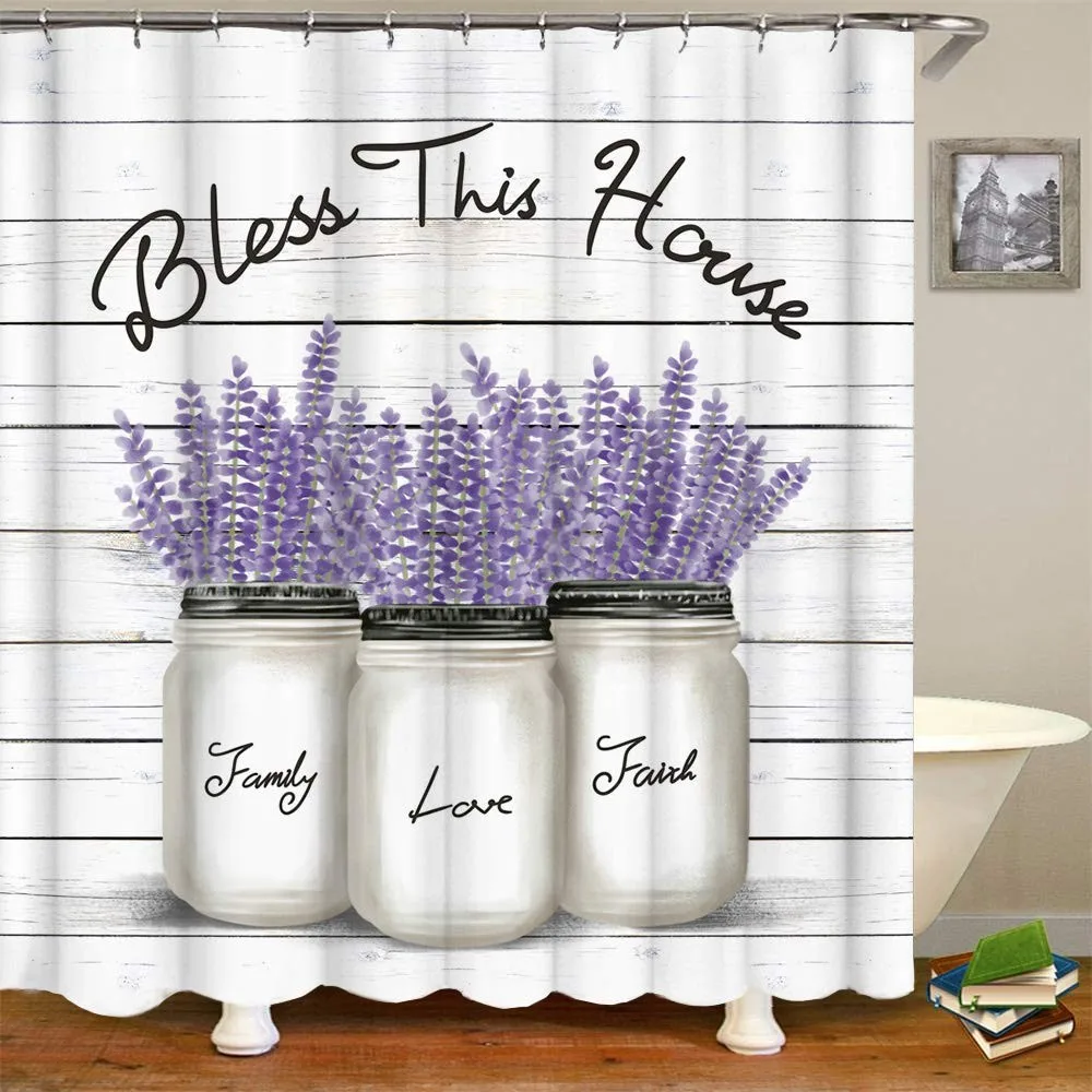 

Bless This House Lavender Mason Jar Shower Curtain Machine Washable All Season Waterproof Privacy Protection Durable materials