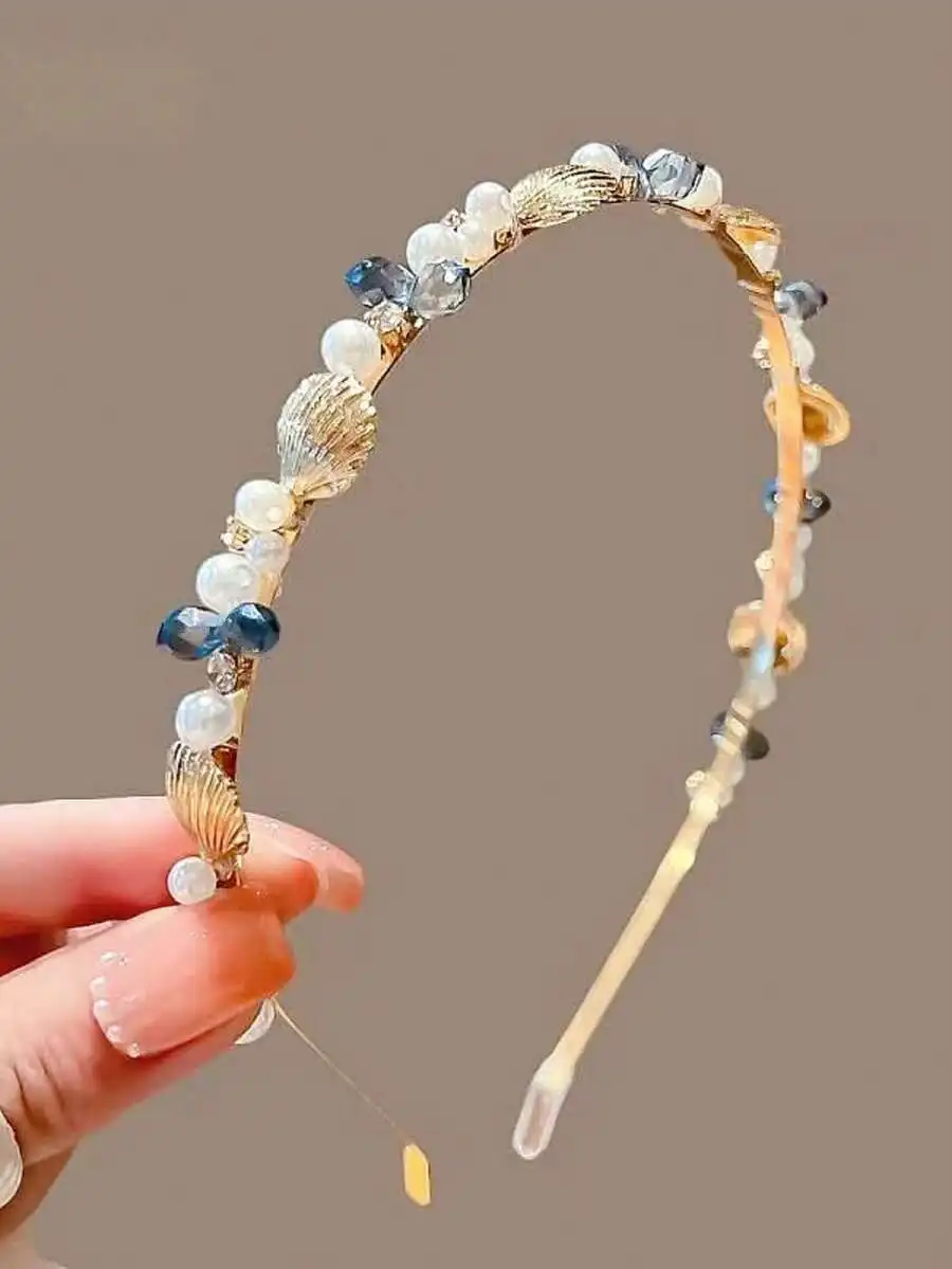 

Повязка на голову с жемчугом и кристаллами в морском стиле с ракушками и морскими звездами для женщин, винтажный богемный аксессуар для волос
