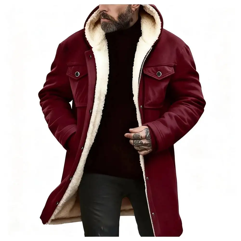 Men Suede Plush Warm Jacket Hooded Long Sleeve Coat Outerwear With Pockets Zipper Up Mid-Length Motorcycle