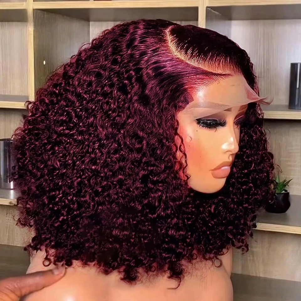 

Burgundy Deep Wave 13x4 Lace Front Short Bob Wigs 100% Human Hair Lace Wigs Curly Bob Wigs Red #99J 250% Density For Women