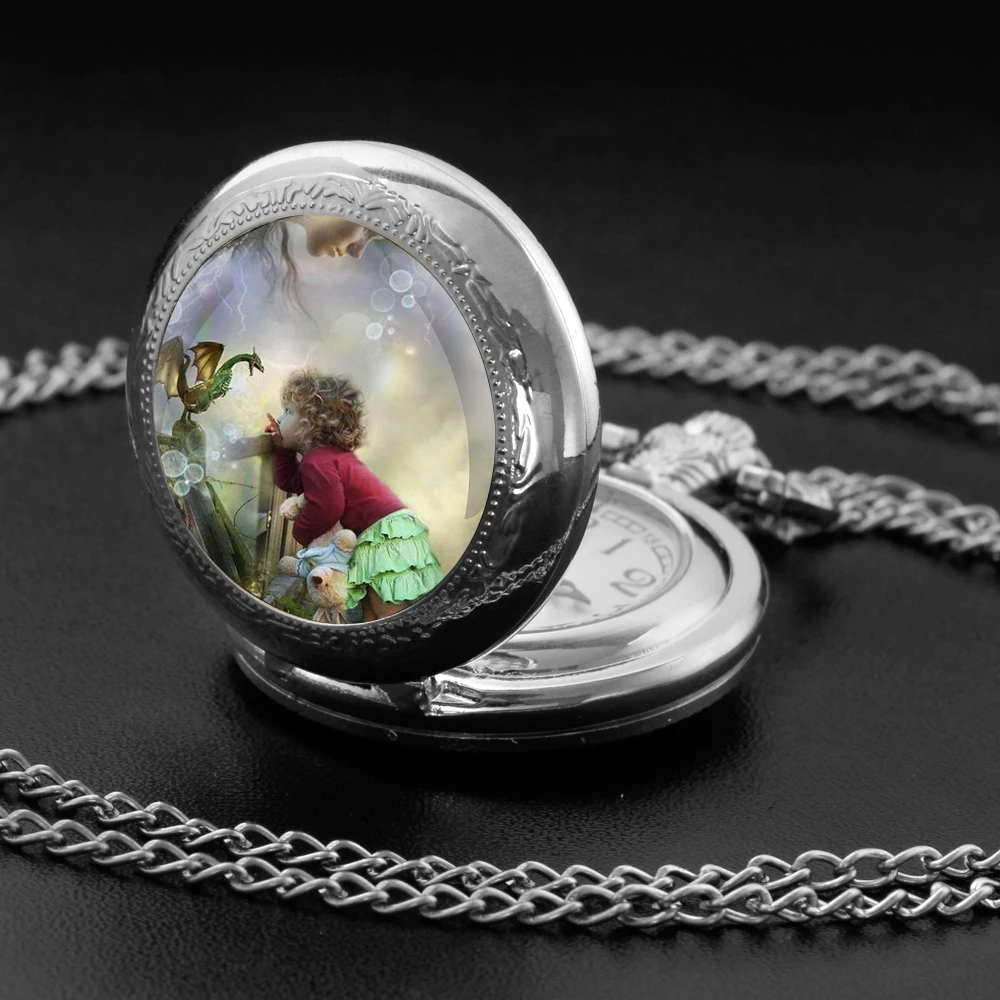 New Arrival Funny Pattern Pocket Watch Necklace Chain Pendant Necklace Quartz Watch Student Children Birthday Clock Gift