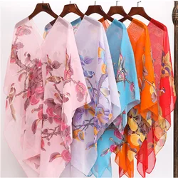 Korean Solid Color Chiffon floral print Beach Bikini Sun Clothing Women's Cardigan Summer Shade Cloak Sunscreen Silk Shawl R55