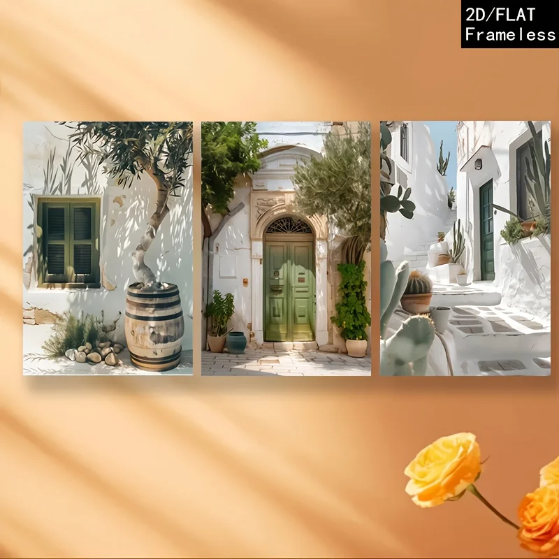 2D Flat, 2D/FLAT 3pcs Set Modern Aesthetic Green Leaf Architecture Canvas Prints, 50x70cm / 19.7x27.5 Inches Large Size Wall Art