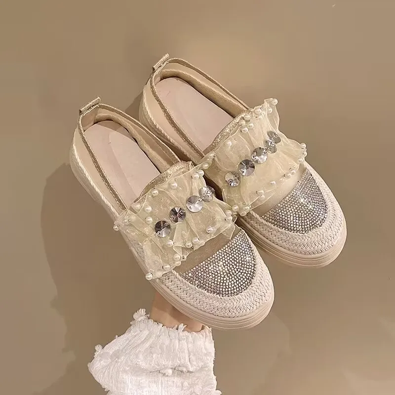 

Кружевная обувь с кристаллами и сеткой, весна-лето 2023, женская повседневная обувь, женские дышащие лоферы на платформе, милая рыбацкая обувь