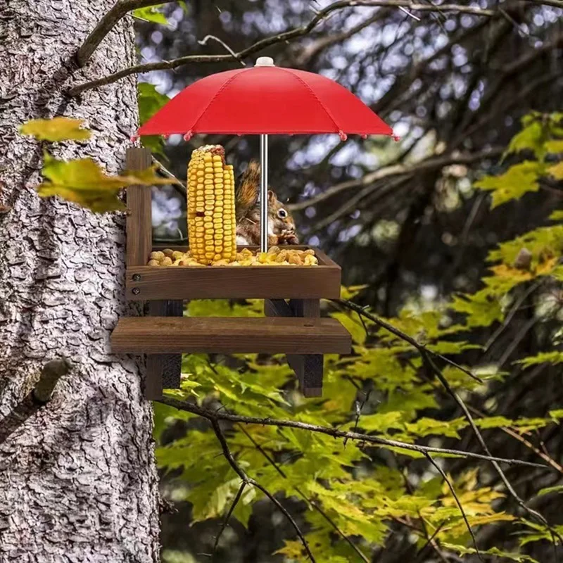 Wooden Squirrel Feeder Bird Pet Dining Table Bench Hanging Feeding Table Mini Umbrella Ornaments